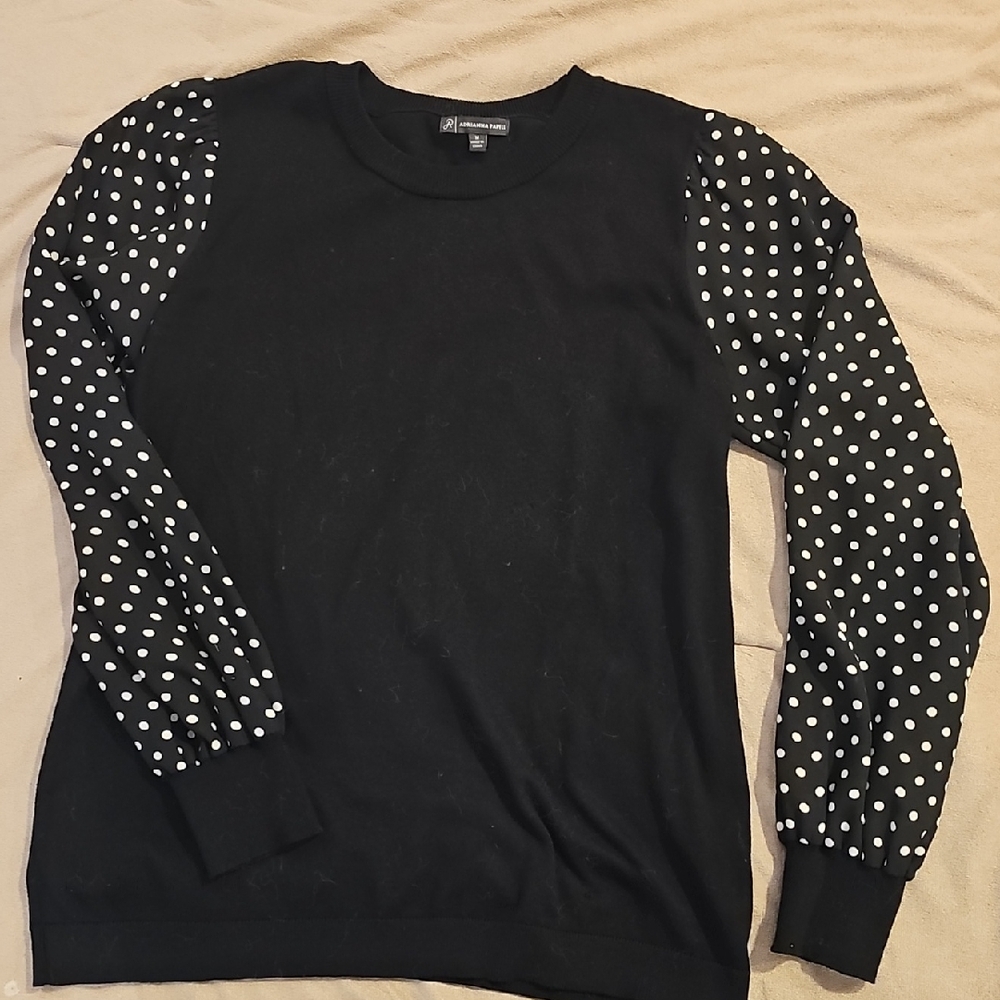 Adrianna Papell Black Sweater with White Polka Dot Sleeves